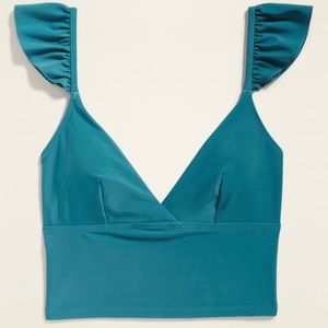 Ruffled Flutter-Sleeve Long-Line Swim Top